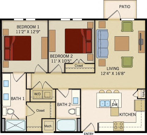 2 BD 2 Bath floorplan 1008 sqft